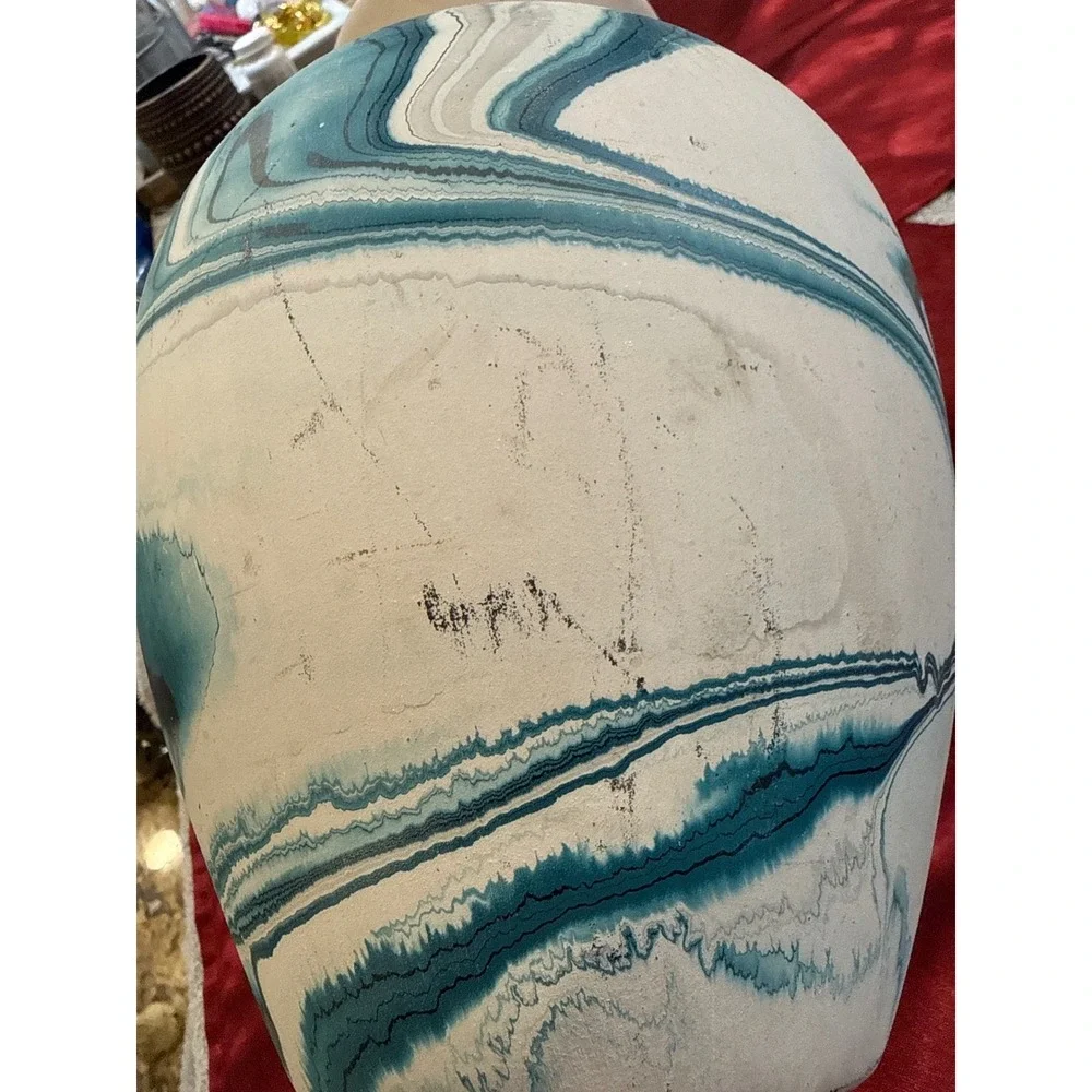 Nemadji Pottery Blue Swirl Marbled Vase Southwestern Studio Art 9.5 Inch